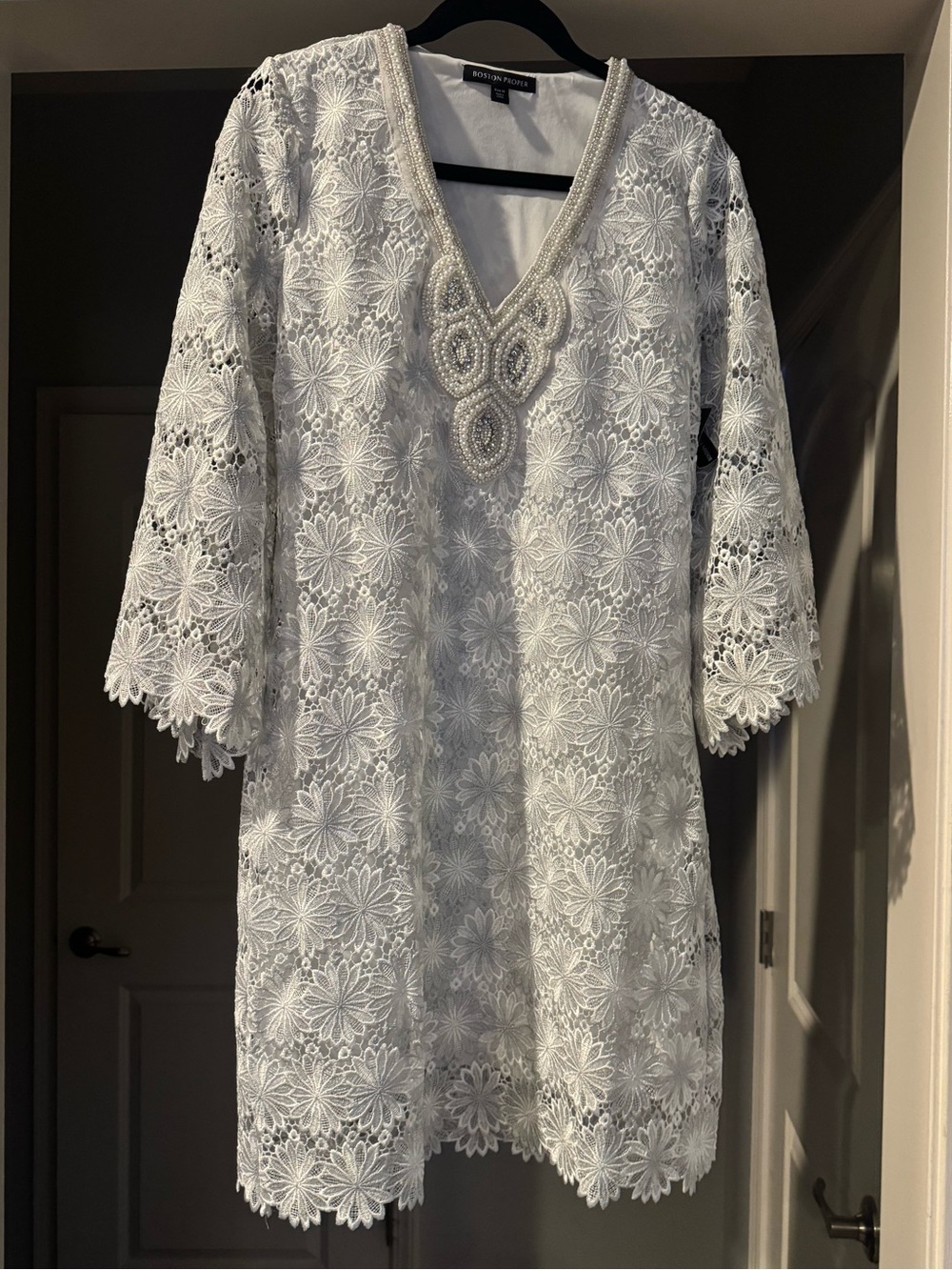 Boston Proper White Metallic Floral Lace Beaded Shift Dress NWT Gorgeous Classic - Picture 3 of 10